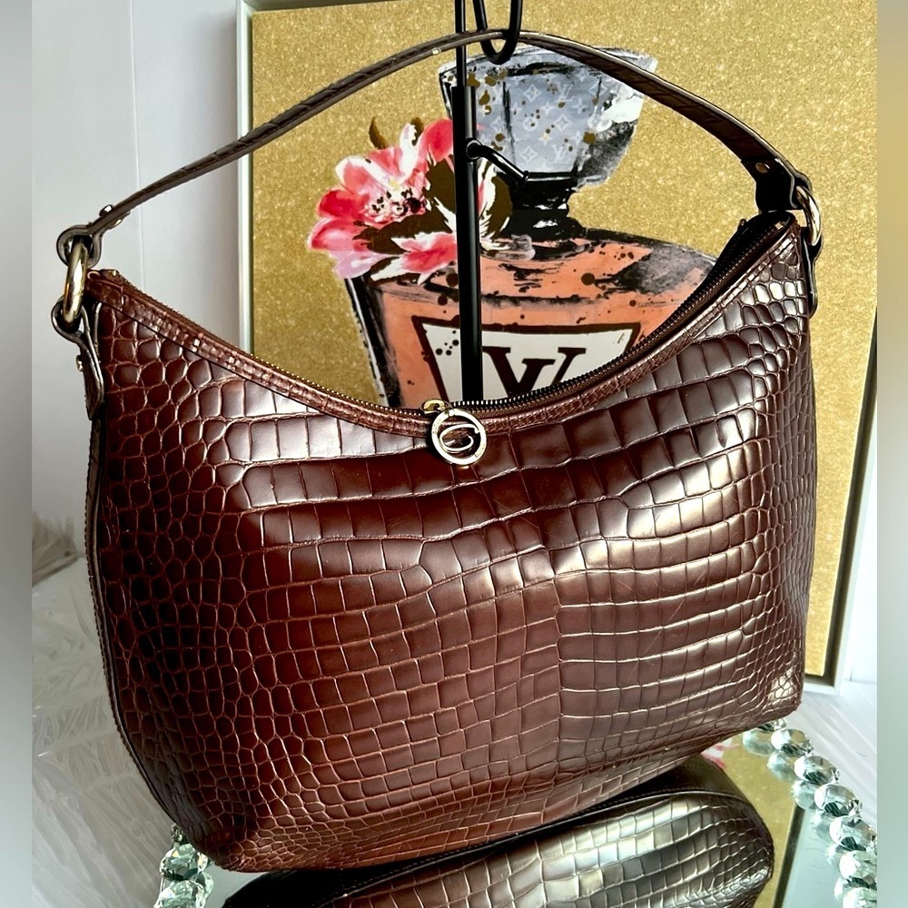 Oscar de la Renta Brown Croc-Embossed Shoulder Bag